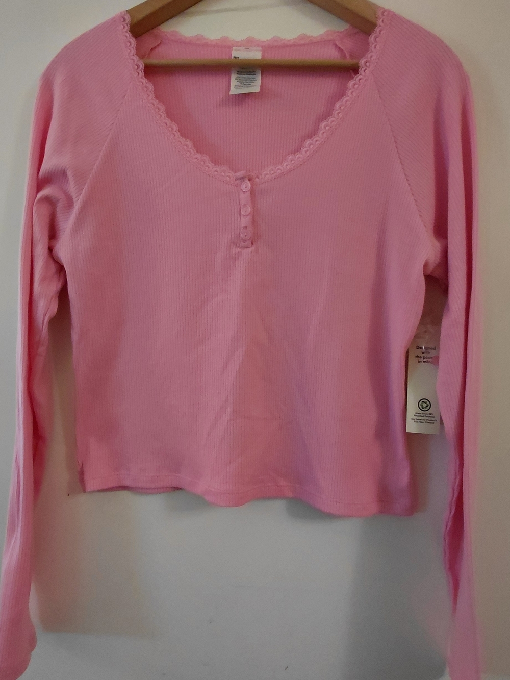 No Boundaries Long Sleeve Henley Top w/Lace Trim Pink Women's